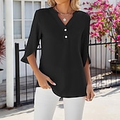 voordelige Vrouwen Werk Tops-Overhemd Blouse Dames Zwart Wit Blozend Roze Effen Kleur nappi Straat Dagelijks Modieus V-hals S