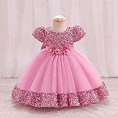 preiswerte Partykleider-Kleinkind Mädchen Partykleid Einfarbig Kurzarm Leistung Party Pailletten Niedlich Prinzessin Polyester Knielang Partykleid Sommer Frühling 3-7 Jahre Mehrfarbig Champagner Rosa