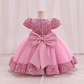 preiswerte Partykleider-Kleinkind Mädchen Partykleid Einfarbig Kurzarm Leistung Party Pailletten Niedlich Prinzessin Polyester Knielang Partykleid Sommer Frühling 3-7 Jahre Mehrfarbig Champagner Rosa