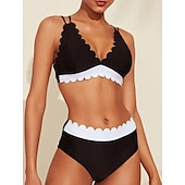 economico Costumi da bagno di stilisti-Set bikini a triangolo con palangari e bordo a petalo in bianco e nero