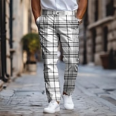 preiswerte Schlank-Karierte/karierte Business-Klassiker-Herren-Business-Anzughose mit 3D-Druck, flache Vorderseite, gerades Bein, Polyester-Hose mit mittlerer Taille, Outdoor-Streetwear für die Arbeit, Alltagskleidung,