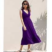 preiswerte Einfaches Kleid-Damen-Kleider mit V-Ausschnitt, ärmellos, leger, schwingend, lang