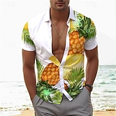 billige Mat &amp; Drikke-Herre Ananas Tropisk Skjorte Hawaii skjorte Aloha skjorte Kortermet Skjorte Aftæpning Ferie Hawaiisk utendørs Feriereise Hawaiisk Blå Mørkegrønn Oransje S M L