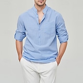 cheap Business Casual-Men&#039;s Shirt Linen Shirt Chinese Collar Shirt Mandarin Collar Shirt Summer Shirt Beach Shirt Plain Vacation Street Black White Yellow Pink Long Sleeve Band Collar Summer Clothing Apparel Front Pocket