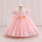 preiswerte Partykleider-Kleinkind Mädchen Partykleid Einfarbig Kurzarm Leistung Party Pailletten Niedlich Prinzessin Polyester Knielang Partykleid Sommer Frühling 3-7 Jahre Mehrfarbig Champagner Rosa