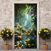 billige Dørdeksler-skog tåkete hule dørdeksler veggmaleri dekor dør billedvev dør gardin dekorasjon bakteppe dør banner avtakbar for inngangsdør innendørs utendørs hjemme rom dekorasjon gårdshus dekor forsyninger