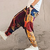 halpa Retro-Miesten Pellavahousut Housut Kesähousut Rantahousut Joustava vyötärö Pudota haara Geometrinen Juhla Päivittäin Hip-Hop Boheemi Loose Fit Valkoinen Keltainen