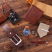 baratos Relógios Quartz-Conjunto de Presentes Masculino de 6 Peças com Caixa Cinto de Couro Carteira Gravata Abotoaduras Relógio Caneta