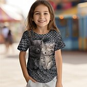 cheap Girl&#039;s 3D Animals-Girls&#039; 3D Cat Tee Shirts Short Sleeve 3D Print Summer Active Fashion Cute Polyester Kids 3-12 Years Crew Neck Outdoor Casual Daily Regular Fit