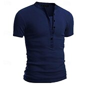 baratos Camiseta Henley Casual-Homens Camiseta Botão Camiseta Camisa Henley Camisetas Manga Curta Decote V Primavera Verão Tecido Moda Designer Básico Férias Rua Para Noite Preto Branco Azul Marinho Top Tee para Homens
