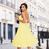 preiswerte Kleider-Retro Vintage 1950er Rockabilly Swing-Kleid Kariert Vichy-Karo A-Linie Neckholder Kostüm Damen Junggesellinnenabschiedsparty Erwachsene Kleid Abschlussballkleider Frühling &amp; Sommer