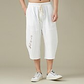 cheap Home-Men&#039;s Linen Pants Summer Pants Beach Pants Pocket Drawstring Elastic Waist Embroidery Comfort Breathable Calf-Length Vacation Daily Holiday Hawaiian Boho Black White
