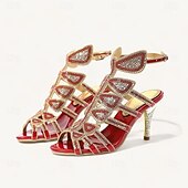 cheap Semi-Formal-Women&#039;s Heels Wedding Shoes Sandals Party Rhinestone Stiletto Fantasy Heel Peep Toe Elegant Bohemia Vintage Microbial Leather Loafer Black Red Gold