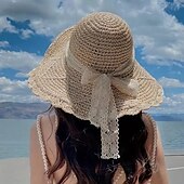 cheap Straw Hat-1 pcs Summer Handmade Crochet Lace Straw Hat For Women With Wide Brim Foldable Beach Hat