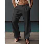 cheap Luxury Linen Pants-40% Linen Men's Linen Pants Trousers Summer Pants Pocket Buttons Straight Leg Plain Comfortable Breathable Vacation Office / Career Daily Classic Casual Black White