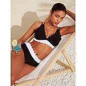 economico Costumi da bagno di stilisti-Set bikini a triangolo con palangari e bordo a petalo in bianco e nero