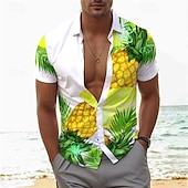 billige Mat &amp; Drikke-Herre Ananas Tropisk Skjorte Hawaii skjorte Aloha skjorte Kortermet Skjorte Aftæpning Ferie Hawaiisk utendørs Feriereise Hawaiisk Blå Mørkegrønn Oransje S M L