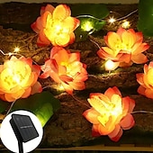 baratos Luzes solares de corda-Luzes de corda de flor de lótus artificial solar 2m 20leds 5m 50leds ao ar livre à prova d&#039;água luzes noturnas led para piscina lâmpada de lótus fonte de lago de jardim decoração de festa de natal