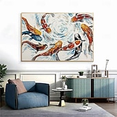 cheap Abstract Paintings-Handmade Hand Painted Oil Painting Wall Modern Abstract Large Koi Fish Abstract Painting Original Koi Fish Art Feng Shui Painting FISH POND No Frame Unstretched