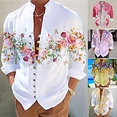 abordables Motif de plantes-Homme Floral Chemise Chemise Lin Chemise boutonnée manche longue Décontractées Usage quotidien Sortie Fin de semaine Printemps Col Mao Imprimer Bouton bas Blanc 1 Jaune Violet Rose rouge Blanc 2