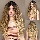 abordables Perruques synthétiques à dentelle-Perruque en dentelle synthétique Bouclé Style 26 pouce Blond Partie médiane 13x4 devant en dentelle Perruque Femme Perruque Brun doré avec blond