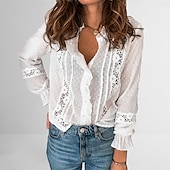 preiswerte Spitzenoberteile-Damen Hemd Spitzenhemd Bluse Ösen Top Elegant Vintage Mode Spitze Patchwork Knöpfe Langarm Normale Oberteile Alltag Wochenende Weiß Frühling Herbst