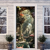 billige Dørdeksler-skog tåkete hule dørdeksler veggmaleri dekor dør billedvev dør gardin dekorasjon bakteppe dør banner avtakbar for inngangsdør innendørs utendørs hjemme rom dekorasjon gårdshus dekor forsyninger