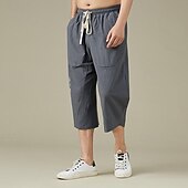 cheap Home-Men&#039;s Linen Pants Summer Pants Beach Pants Pocket Drawstring Elastic Waist Embroidery Comfort Breathable Calf-Length Vacation Daily Holiday Hawaiian Boho Black White