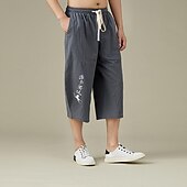 cheap Home-Men&#039;s Linen Pants Summer Pants Beach Pants Pocket Drawstring Elastic Waist Embroidery Comfort Breathable Calf-Length Vacation Daily Holiday Hawaiian Boho Black White