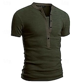 baratos Camiseta Henley Casual-Homens Camiseta Botão Camiseta Camisa Henley Camisetas Manga Curta Decote V Primavera Verão Tecido Moda Designer Básico Férias Rua Para Noite Preto Branco Azul Marinho Top Tee para Homens