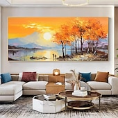 cheap Landscape Paintings-Handmade Original mountains and rivers Oil Painting On Canvas Wall sunset Art Painting for Home Decor With Stretched Frame/Without Inner Frame Painting