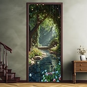 billige Dørdeksler-skog tåkete hule dørdeksler veggmaleri dekor dør billedvev dør gardin dekorasjon bakteppe dør banner avtakbar for inngangsdør innendørs utendørs hjemme rom dekorasjon gårdshus dekor forsyninger