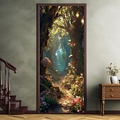 billige Dørdeksler-skog tåkete hule dørdeksler veggmaleri dekor dør billedvev dør gardin dekorasjon bakteppe dør banner avtakbar for inngangsdør innendørs utendørs hjemme rom dekorasjon gårdshus dekor forsyninger