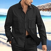 preiswerte Urlaub-Herren Hemd leinenhemd Sommerhemd Strandbekleidung Knopfhemd Glatt Urlaub Curise Schwarz Marineblau Blau Khaki Langarm Kargen Frühling Sommer Bekleidung Tasche