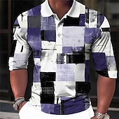preiswerte Poloshirt mit Farbblockdesign für Herren-Herren Karomuster Poloshirts Golfshirt Langarm Polo-Shirts Hemden mit Kragen Vintage Lässig Urlaubskleidung Formelle Kleidung Festivalkleidung Knöpfe 3D-Druck Frühling &amp; Sommer Blau Purpur Braun