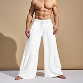cheap Classic-Men&#039;s Culottes Wide Leg Linen Pants Trousers Summer Pants Patchwork Drawstring Elastic Waist Plain Comfort Breathable Casual Daily Holiday Fashion Classic Style Black White