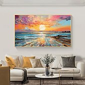 billiga Landskapsmålningar-oljemålning handmålad impressionistisk solnedgång vid havet oljemålning på duk modern havslandskapsmålning abstrakt färgstark landskapsmålning väggkonstmålning för vardagsrum heminredning