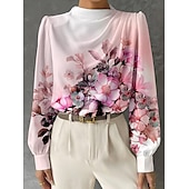 abordables Hauts Floraux-Blouse Femme Longue Manches Mode Imprimé Floral Tops Régulier Col Rond Travail Blanc Rose Bleu Vert Printemps  Automne