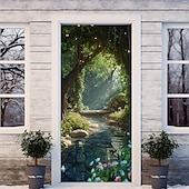 billige Dørdeksler-skog tåkete hule dørdeksler veggmaleri dekor dør billedvev dør gardin dekorasjon bakteppe dør banner avtakbar for inngangsdør innendørs utendørs hjemme rom dekorasjon gårdshus dekor forsyninger