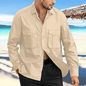 preiswerte Urlaub-Herren Hemd leinenhemd Sommerhemd Strandbekleidung Knopfhemd Glatt Urlaub Curise Schwarz Marineblau Blau Khaki Langarm Kargen Frühling Sommer Bekleidung Tasche