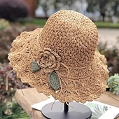 cheap Straw Hat-Women&#039;s Sun Hat Beige Crochet Flower Detail Wide Brim Beach Garden Party Elegant Accessory One Size Fits Most Spring Summer Apparel
