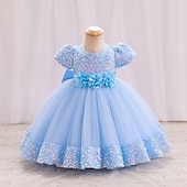preiswerte Partykleider-Kleinkind Mädchen Partykleid Einfarbig Kurzarm Leistung Party Pailletten Niedlich Prinzessin Polyester Knielang Partykleid Sommer Frühling 3-7 Jahre Mehrfarbig Champagner Rosa