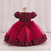 preiswerte Partykleider-Kleinkind Mädchen Partykleid Einfarbig Kurzarm Leistung Party Pailletten Niedlich Prinzessin Polyester Knielang Partykleid Sommer Frühling 3-7 Jahre Mehrfarbig Champagner Rosa
