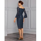 voordelige Jurkensets voor mama-Twee Delige Sheath Moeder van de Bruid Jurk Formele Bruiloft Gast Elegante Feest Off Shoulder Knie Lengte Chiffon Kant Imiteerde Zijde 3/4 Lengte Mouw met Strik(ken) 2025 gratis op maat
