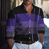preiswerte Geometrische Muster-Herren Farbblock Geometrische Muster Hemd Lässiges Hemd Knopfhemd Langarm Modisch Brautkleider schlicht Komfortabel Hawaiianisch Festtage Casual Frühling &amp; Herbst Kargen Button-Down Blau Purpur Braun