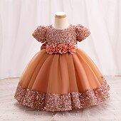 preiswerte Partykleider-Kleinkind Mädchen Partykleid Einfarbig Kurzarm Leistung Party Pailletten Niedlich Prinzessin Polyester Knielang Partykleid Sommer Frühling 3-7 Jahre Mehrfarbig Champagner Rosa