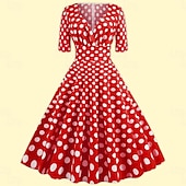 levne Šaty-Puntíkaté šaty z 50. let bavlněné swingové šaty s rozevlátými šaty retro vintage dámský kostým z 50. let 3/4 rukáv midi šaty