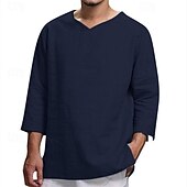 cheap Men&#039;s Casual Shirts-Men&#039;s Shirt Summer Shirt Casual Shirt Beach Shirt Black Navy Blue khaki Beige Light Blue Long Sleeve Plain V Neck Holiday Vacation Clothing Apparel Fashion Casual Comfortable