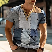 cheap Geometrical-Plaid Faux Patchwork Pattern Men&#039;s Casual 3D Print T shirt Tee Henley Shirt Waffle T Shirt Sports Outdoor Casual Daily T shirt Light Blue Blue Sky Blue Short Sleeve Henley Shirt Spring &amp; Summer