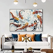 cheap Abstract Paintings-Handmade Hand Painted Oil Painting Wall Modern Abstract Large Koi Fish Abstract Painting Original Koi Fish Art Feng Shui Painting FISH POND No Frame Unstretched